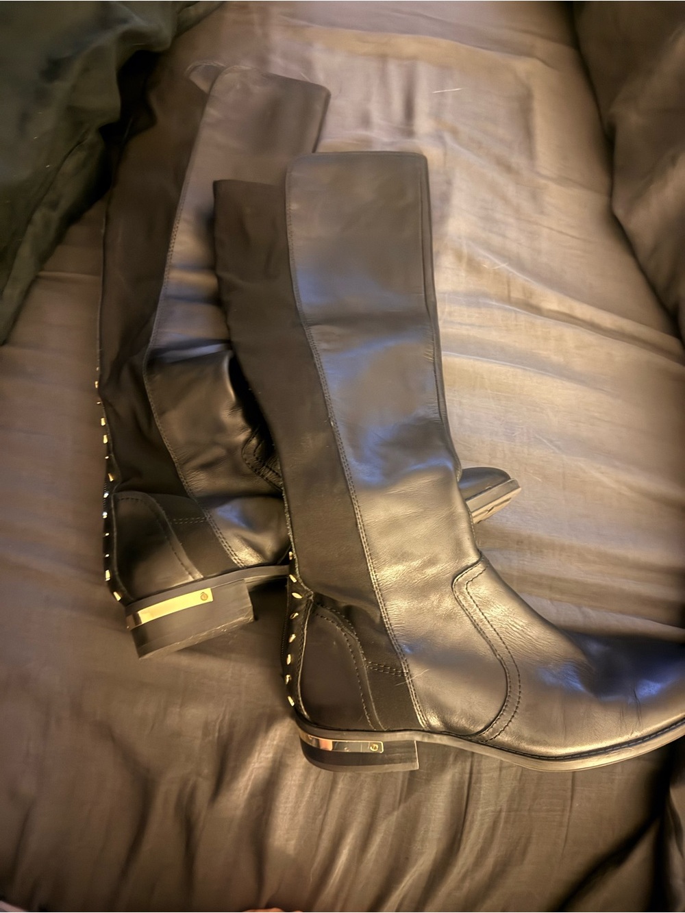Vince Camuto Black Tall Leather Riding Boots with Gold Trim